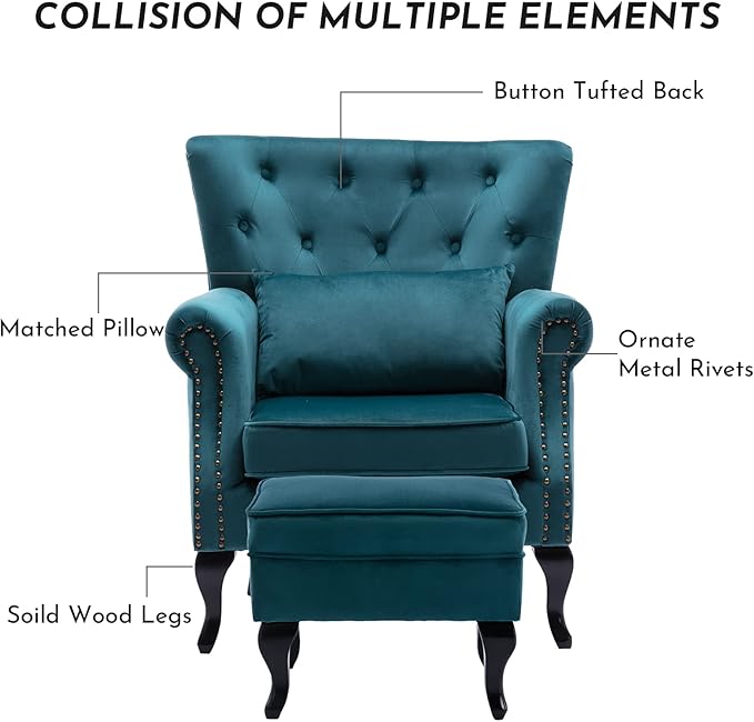 LZAREAL Accent Reading Arm Chairs with Ottoman Set of 2 for Living Room Bedroom, Midcentury Modern Corner Sofa Chair, Wingback Waiting Room Club Chair with Tufted Back &Lumbar Pillow, Velvet Teal
