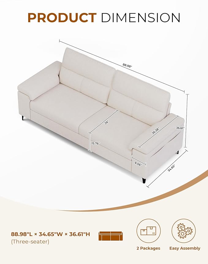 Upvilla 88.97" Modern Couches for Living Room, Deep Seat Sofa with 8”Cushion, Comfy 2-Seater Chenille Loveseat Sofa with Convertible Armrest, Removable Sofa Cover, High Leg (Beige)