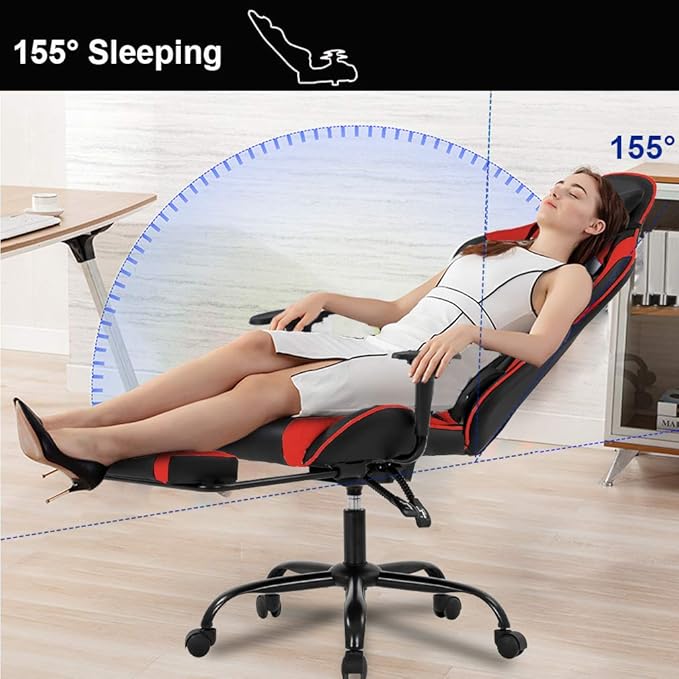 BestOffice | Ergonomic Gaming Chair | Red | Reclining Computer Chair with Lumbar Support, Headrest Pillow, Adjustable Footrests | 360 Swivel with Heavy Duty Wheels | for Home & Office