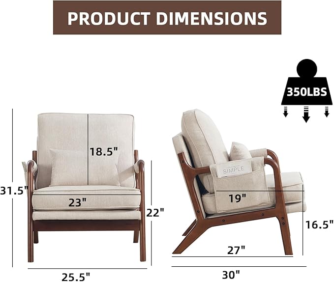 CANMOV Accent Chairs Set of 2, Mid Century Modern Chair with Extra Side Storage Pocket Upholstered Reading Armchair with Waist Cushion, Accent Chair for Living Room Bedroom, Easy Assembly, Beige