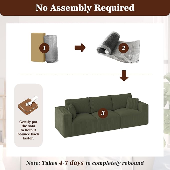 110" Modular Sectional Sofa, Cloud Couch Memory Foam 3-Seater Boneless Sofa, Cozy Upholstered Corduroy Frameless Couch, No Assembly Required Extra Wide Seating for Living Room & Apartment, Green