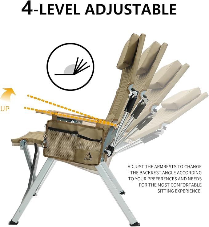 Aluminum Reclining Camping Chair, Heavy Duty Folding Lawn Chairs with 4-Stage Adjustable High Back for Adults, Compact Foldable Outdoor Patio Reclining Chair (Khaki, 1 Pack)