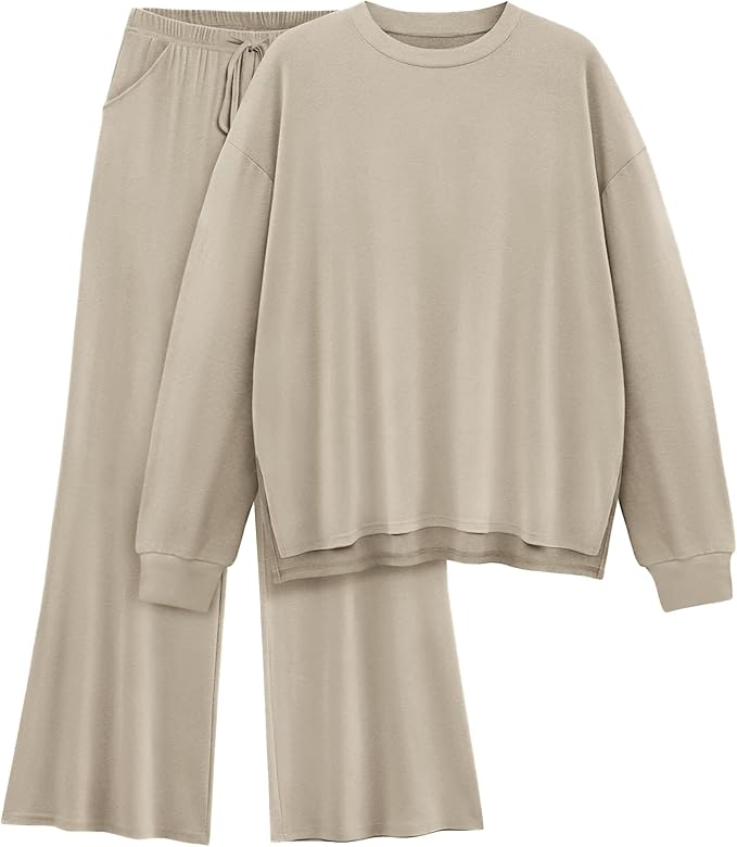 AmazingStar Womens Lounge Set 2025 Fall 2 Piece Outfits Long Sleeve Tops Wide Leg Long Pants Cozy Matching Sets Clothing