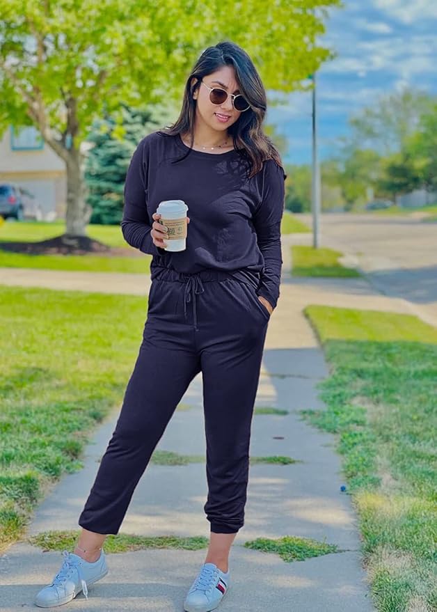 PRETTYGARDEN Women Fall 2 Piece Lounge Outfit Long Sleeve Tops High Waisted Jogger Pants Set Spring Travel Clothes Tracksuit
