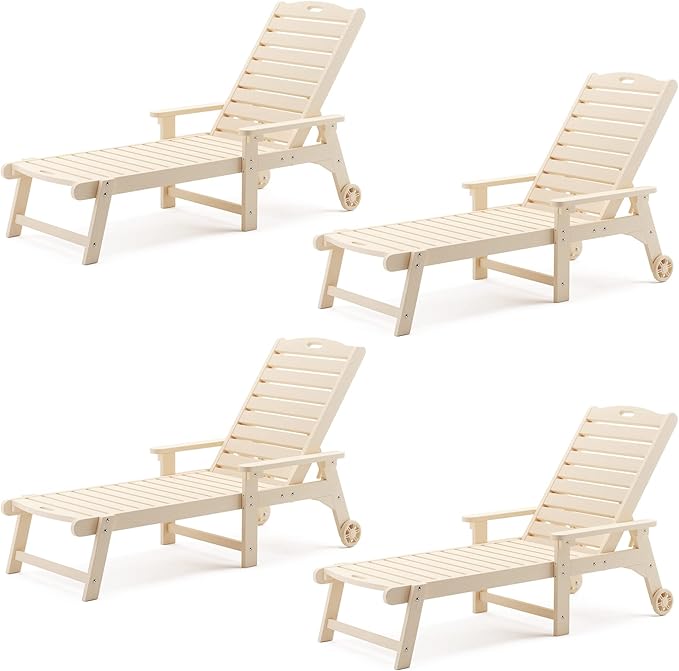 LUE BONA Outdoor Chaise Lounge Chairs Set of 4, HDPS Chaise Lounger, 5 Positions Adjustable Lounge Chairs, Pool Lounge Chair with Wheels for Poolside, Sand