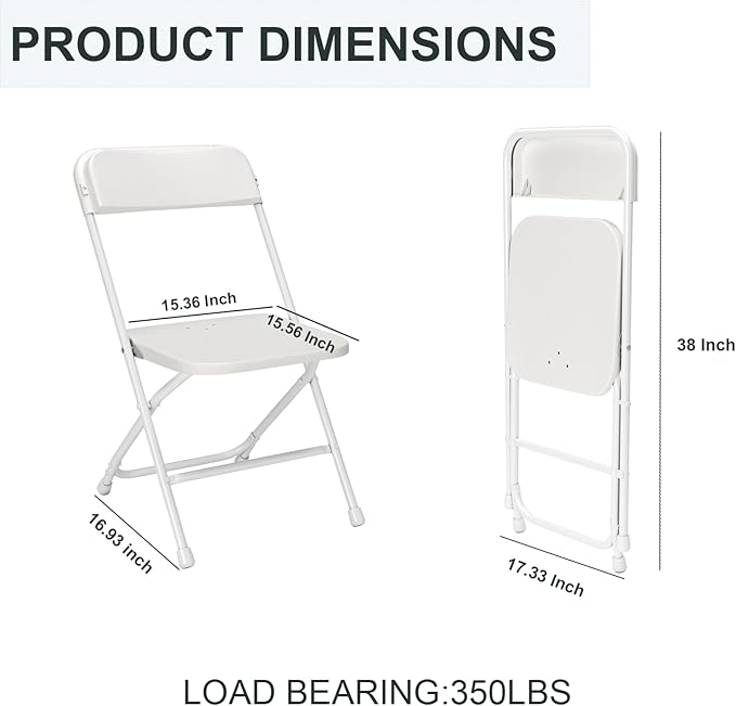 Folding Chairs10 Pack,Heavy Duty White Plastic Stackable Event Chairs for Indoor Outdoor, 350lb Capacity Portable Commercial Banquet Chairs for Wedding,Party,Office