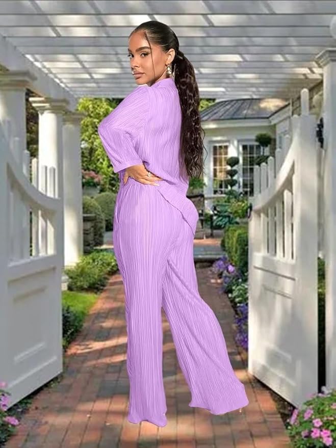 Ekaliy Women's 2 Piece Casual Pleated Outfits Short Sleeve Button Down Shirt High Waist Wide Leg Trouser Sets Suit