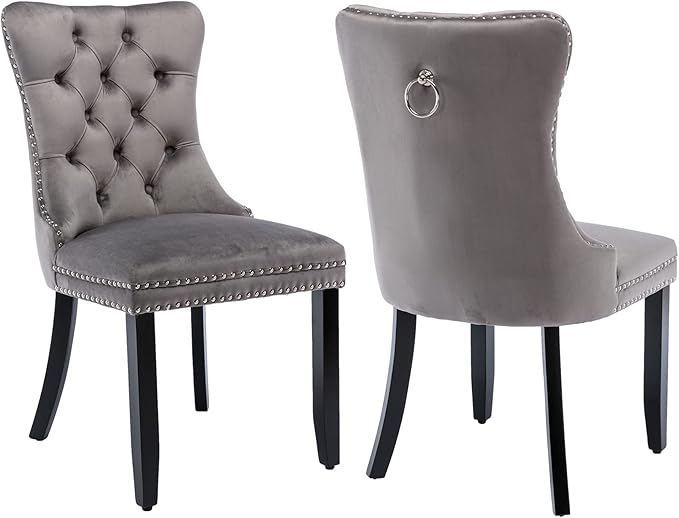YeahFurn Grey Mid Century Modern Dining Chairs Set of 2, Velvet Upholstered Kitchen & Dining Room Chairs with Nailhead Trim & Solid Wood Legs, Elegant Sillas De Comedor (Grey, 2 Pcs)