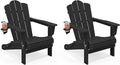 KINGYES Folding Adirondack Chair Set of 2, HDPE All-Weather Patio Chairs with Cup Holder, Wooden Textured Fire Pit Chairs for Poolside, Backyard, Deck, Black