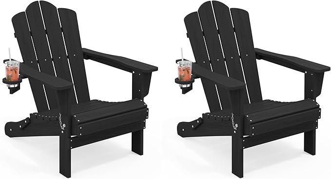 KINGYES Folding Adirondack Chair Set of 2, HDPE All-Weather Patio Chairs with Cup Holder, Wooden Textured Fire Pit Chairs for Poolside, Backyard, Deck, Black