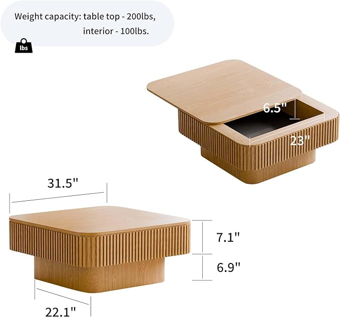 FGXJY Square Small Coffee Table with Storage, Modern Wooden Coffee Table with Solid Wood Veneered, Fluted Center Table Drum Tea Table for Living Room Apartment, 31.5''L×31.5''W×14''H