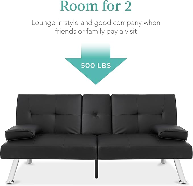 Best Choice Products Faux Leather Upholstered Modern Convertible Futon, Adjustable Folding Sofa Bed, Guest Bed w/Removable Armrests - Black