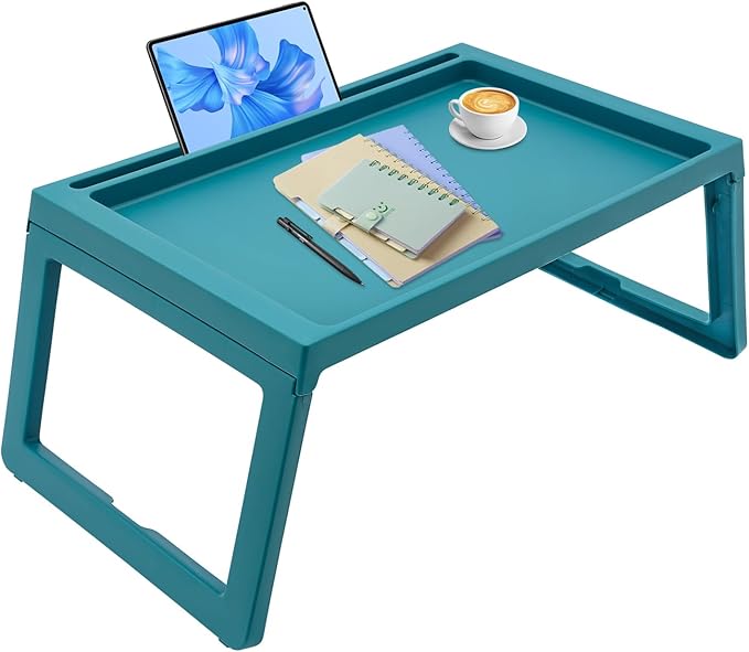 DUSNDULR 6 Pack Bed Tray Table, Foldable Laptop Desk Cute Serving Food Trays with Folding Legs & Charging Hole for Eating Reading Working (Blue)