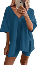 Ekouaer Womens Pajamas 2 Piece Lounge Sets Oversized V Neck T-Shirts Tops Biker Shorts Set Workout Reversible Tracksuit S-XXL