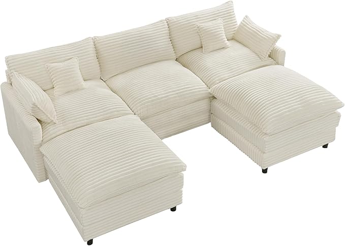 HYJT-H&K 108" U Shaped Cloud Couch Modular White Sectional Couches for Living Room, Comfy Fluffy Corduroy Oversized Cloud Sectional Couch Large 5 Seat Sectionals Sofa Set, White