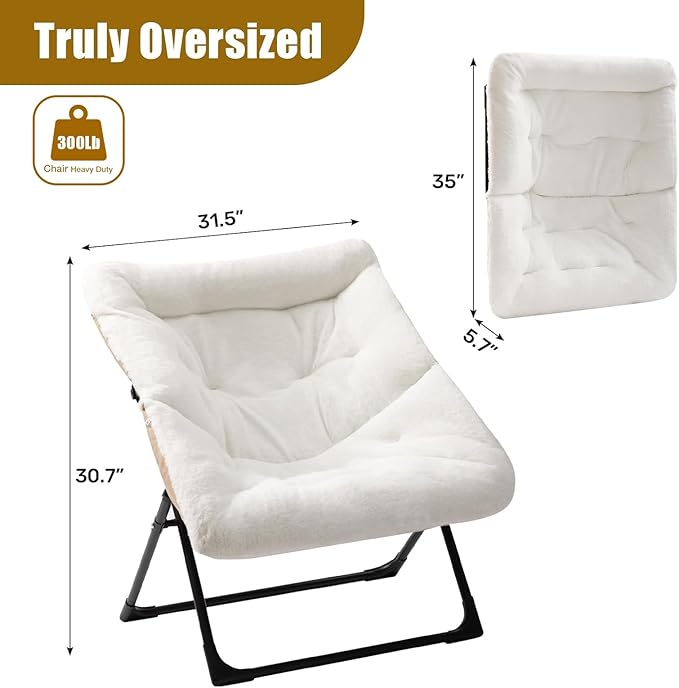 HollyHOME X-Large Saucer Chair, Comfy Oversized Folding Chair, Faux-Fur Reading Chair for Teens, Adults, Foldable Accent Lazy Chair, Metal Frame Lounge Chair for Living Room, Bedroom, Dorm, White