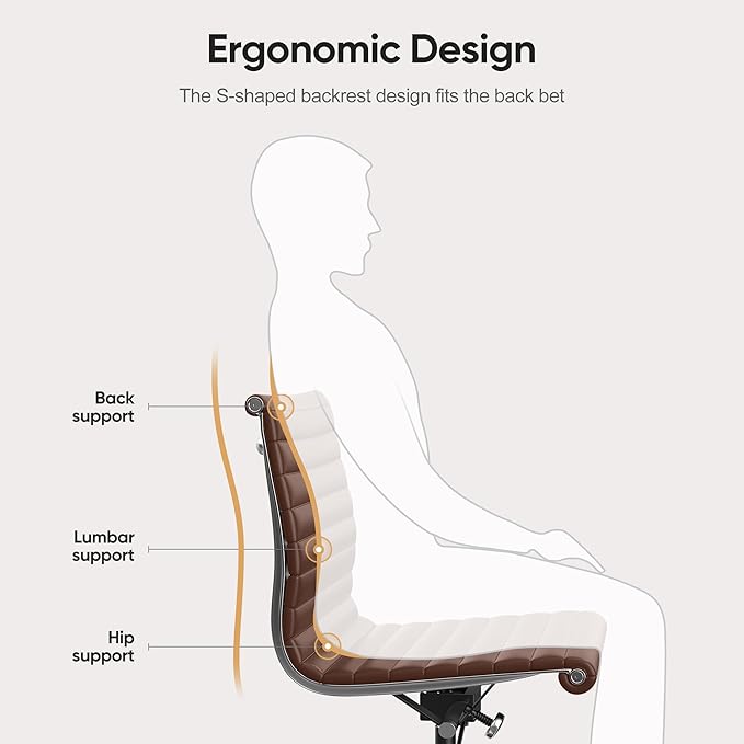 OTDMEL Armless Ribbed Office Desk Chair with Top Grain Leather, Mid Back Ergonomic Swivel Room Chair, Adjustable Height 5-Star Base, Brown