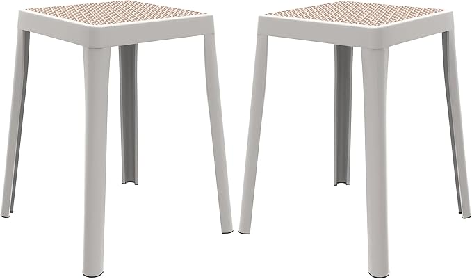 LeisureMod Tresse Mid-Century Modern Square Plastic Dining Stool Set of 2, Stackable Accent Stools with Breathable Seat, Lightweight Seating for Kitchen, Dining Room, Bedroom, or Entryway (White)