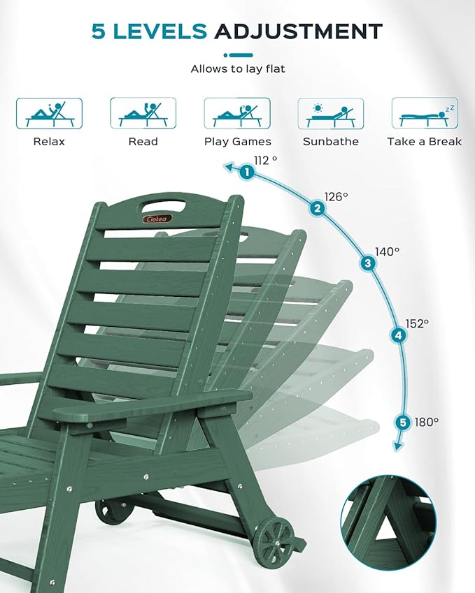 Ciokea Lounge Chair Outdoor, Oversized Chaise Lounge Chair with 5 Positions, HDPE, Patio Lounge Chair with Wheels & Cup Holder for Pool, Deck, Poolside, Green
