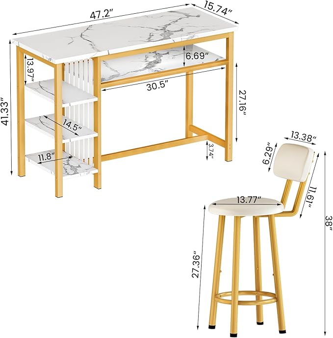 AWQM 3-Piece Bar Table and Chairs Set, Modern White Faux Marble Table with 2 PU Cushion Bar Stools, Kitchen Counter with 3 Tier Storage Shelves, Space Saving Table for Home & Kitchen, White & Gold