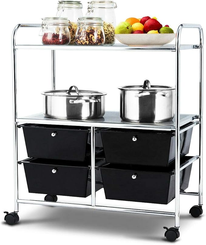 Giantex Rolling Storage Cart w/ 4 Drawers 2 Shelves Metal Rack Shelf Home Office School Beauty Salon Utility Organizer Cart with Wheels (Black)