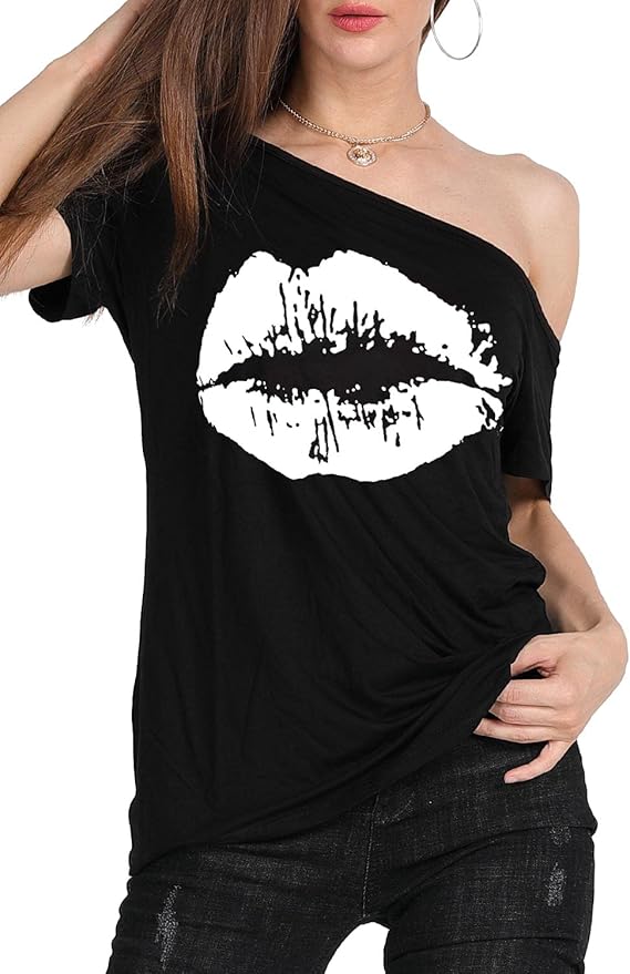 MAGICMK Women’s Short Lips Print Causal Off The Shoulder Plus Size T-Shirt Tops