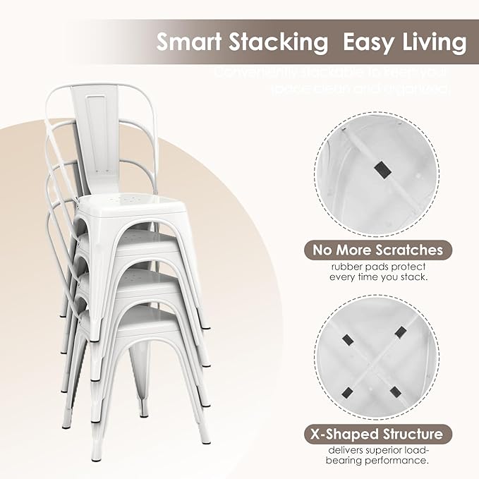 Metal Dining Chairs Set of 2,Stackable Tolix Chair Indoor/Outdoor for Kitchen,Cafe,Restaurant,Bistro & Patio Multiple Colors(White)