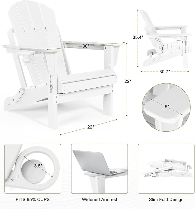 Folding Adirondack Chairs - Plastic Adirondack Chairs with Cup Holder, Weather Resistant for Outdoor, Patio, Lawn, Garden, Backyard Deck, Fire Pit - White