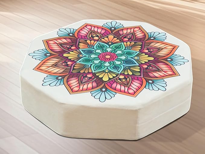 Octagonal Floor Pillow, Large 22" Cushion with Memory Foam and Soft Velvet Cover, Ideal for Comfortable Seating, This Multi-Color Mandala Design Enhances Living Room Decor.