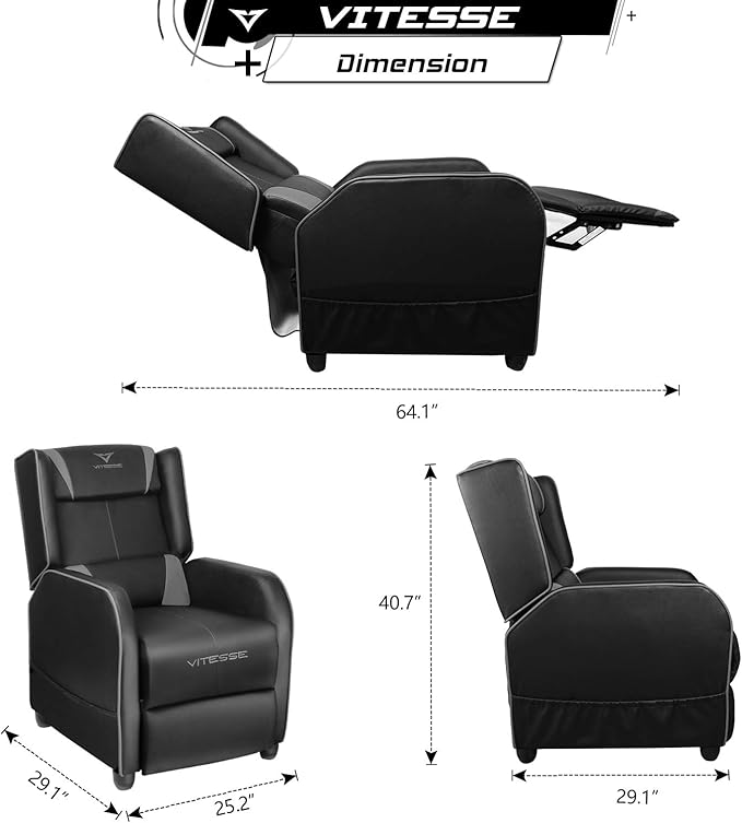 VITESSE Gaming Recliner Chair Racing Style Single PU Leather Sofa Modern Living Room Recliners Ergonomic Comfortable Home Theater Seating, Grey