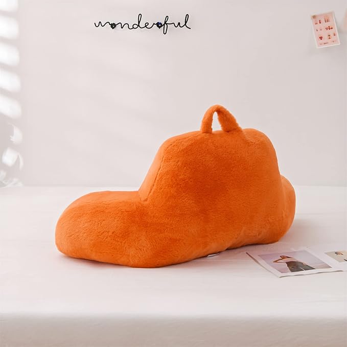 A Nice Night Faux Fur Reading Pillow Bed Wedge Large Adult Children Backrest with Arms Back Support for Sitting Up in Bed/Couch for Bedrest, Orange