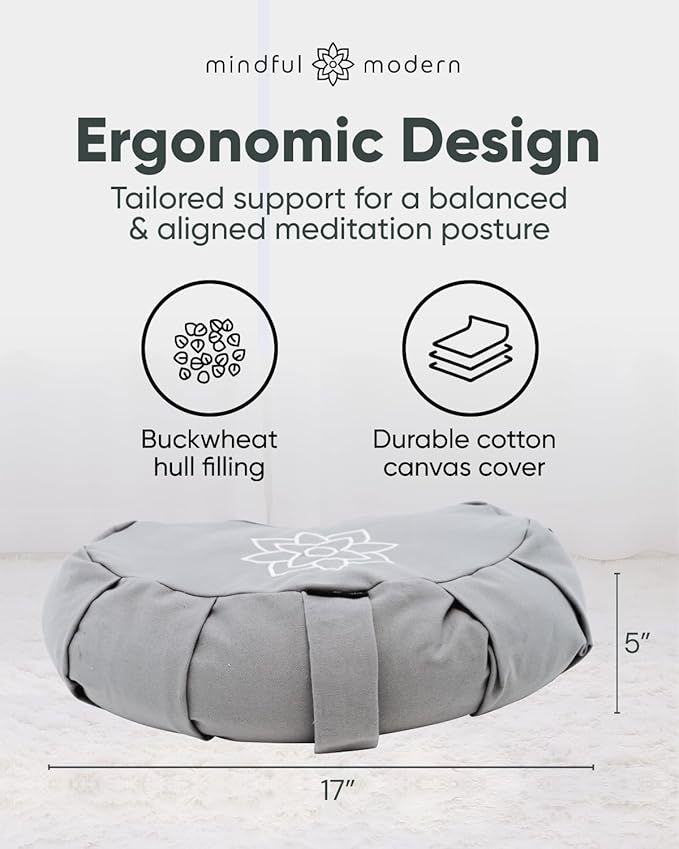 Mindful & Modern Large Meditation Cushion | Zafu Yoga Bolster Meditation Floor Pillow Seat | Buckwheat Hull Filled Crescent Shaped Cushion with Removable Washable Cover + Carry Handle | Grey