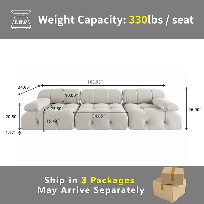 JACH 104" Convertible Modular Sectional Sofa, Minimalist Mid-Century Velvet Sofas Couches, Luxury Modern 3-Seat Wide Couch Sectional for Living Room Bedroom Office Apartment (Beige)