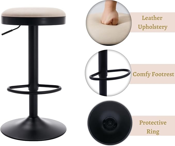 EALSON Modern Swivel Bar Stools Set of 4 Adjustable Counter Height Backless Barstools with Metal Base Leather Upholstered Round Bar Stool Chairs for Kitchen Island/Pub/Breakfast Bar, Beige