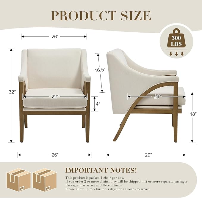 CIMOTA Mid Century Modern Accent Chair with Barrel Back, Upholstered Armchair Comfy Reading Chair with 4" Thick Cushion, Solid Wood Legs for Living Room/Bedroom/Reading Corner, Linen Fabric, Beige