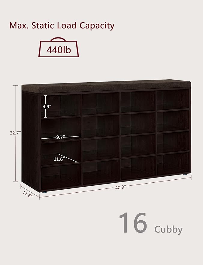 DINZI LVJ Shoe Storage Bench with Cushion, 16-Cubby Shoe Rack, Adjustable Shelves, Multifunctional Shoe Organizer Bench for Entryway, Mudroom, Hallway, Living Room, Bedroom and Garage, Espresso