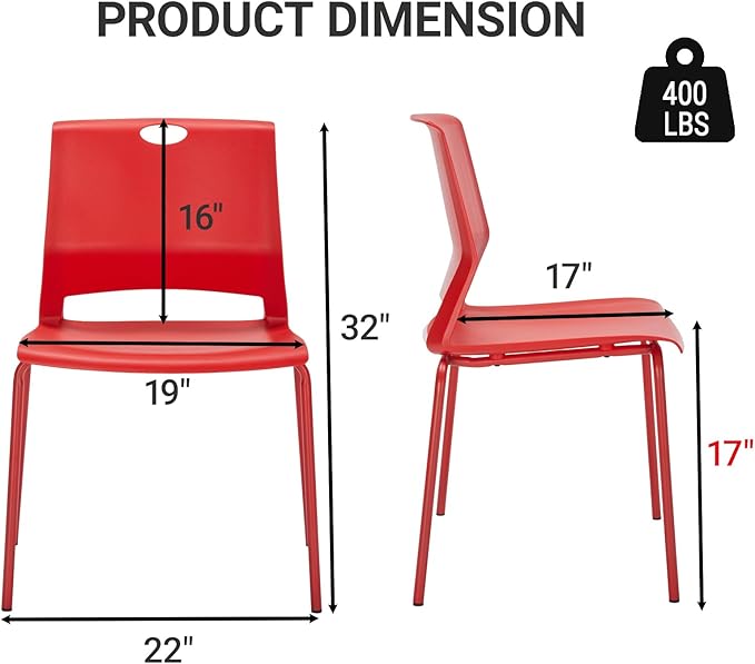 Sidanli Stackable Office Chairs, Red Guest Chairs with Comfortable Streamline Seat, Stacking Chairs No Wheels for Conference Room, Set of 4.