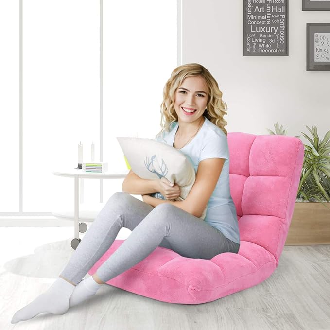 GOFLAME 14-Position Folding Floor Chair, Padded Gaming Lazy Sofa Chair with Adjustable Backrest, Couch Recliner, Sleeper Bed Lounge Chair for Reading, Gaming, Meditating (Pink)