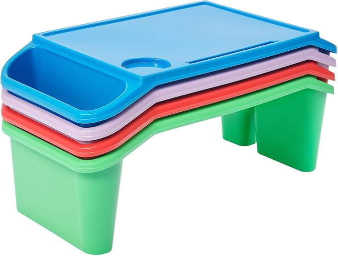 Mind Reader Kids Lap Desk, 4 PCS Kids Lap Desk Bulk Tray Lap, Portable Activity Tray with Side Storage, Stackable Plastic Desk Table for Students Drawing, Snacks, Study (Colorful, Small)