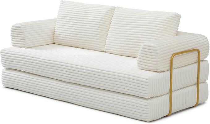 HANXIN 80 Inch Convertible Sleeper Sofa Bed, High Back Plush Corduroy Folding Floor Mattress Couch with Fixed-Shape Frame, Boneless Futon Loveseat with Pull Out Bed (Beige, 80" Loveseat Sofa Bed)