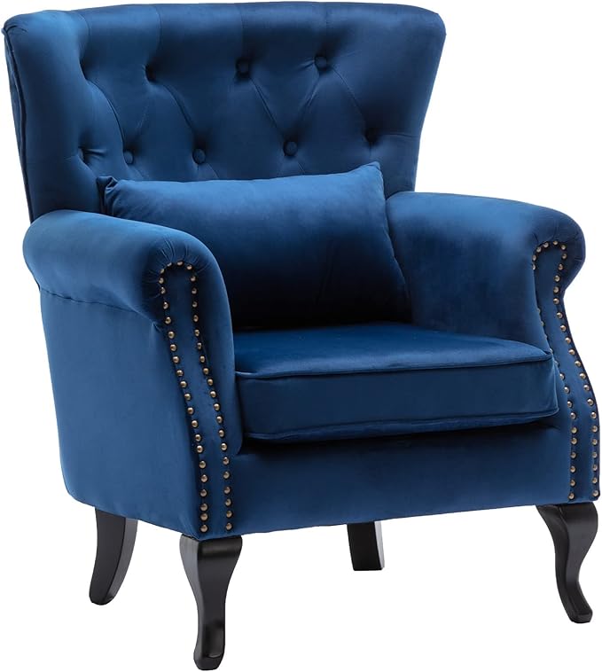 DM Furniture Mid-Century Accent Chair Modern Button Tufted Armchair Wingback Club Chair Velvet Single Sofa Lounge Chair with Pillow for Living Room Bedroom, Blue
