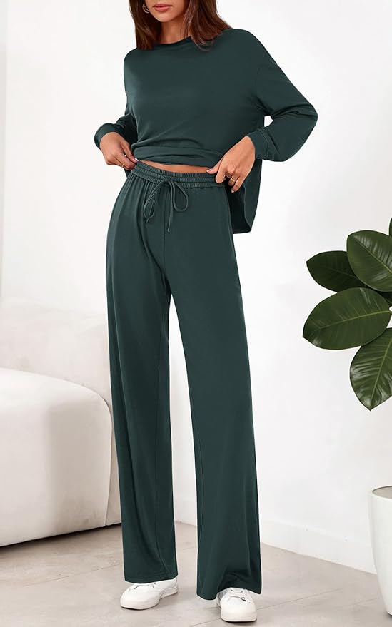 PRETTYGARDEN Womens 2 Pieces Lounge Sets Crewneck Long Sleeve Wide Leg Drawstring Pants Tracksuits Loose Fit Outfits Set
