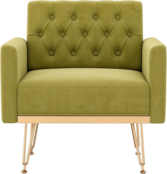 Accent Chair for Living Room, Comfy Oversized Velvet Upholstered Arm Chairs, Mid Century Modern Reading Single Sofa Side Chair with Tufted Back and Gold Legs for Bedroom (2, Olive Green)