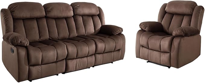 EBELLO Manual Reclining Sofa Set, Classic Recliner Sofa with Overstuffed Arms and Backrest, Includes 2 Recliner Chair and 1 3-Seat Couch, Brown