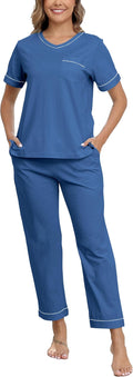 CF Women's 100% Cotton Pajama Sets Soft Short Sleeve Tops & Pants Comfy Sleepwear 2 Piece Lounge set with Pockets Loungewear