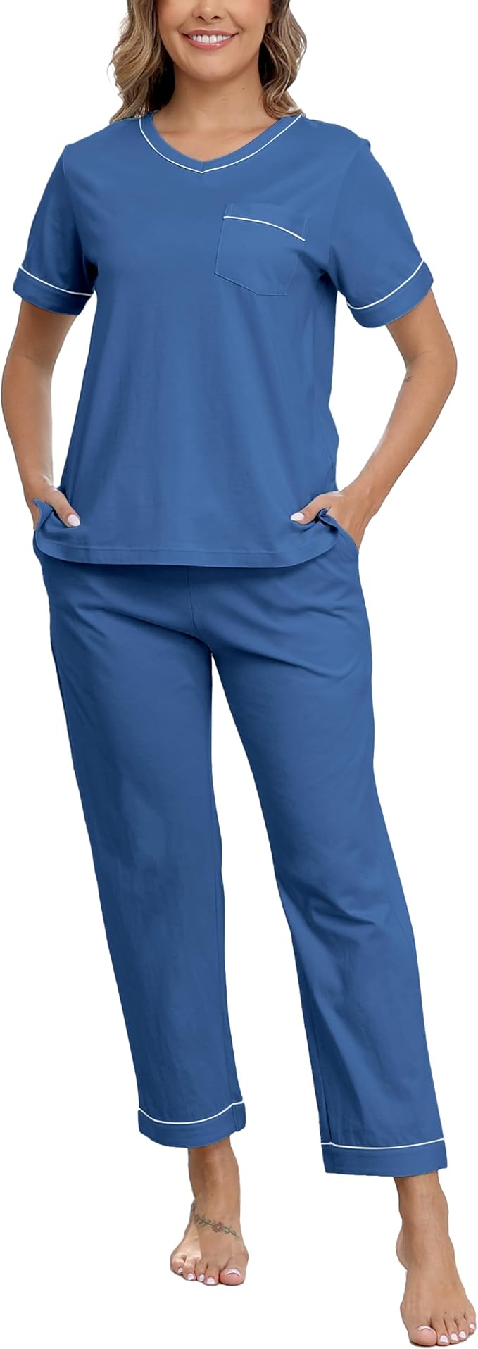 CF Women's 100% Cotton Pajama Sets Soft Short Sleeve Tops & Pants Comfy Sleepwear 2 Piece Lounge set with Pockets Loungewear