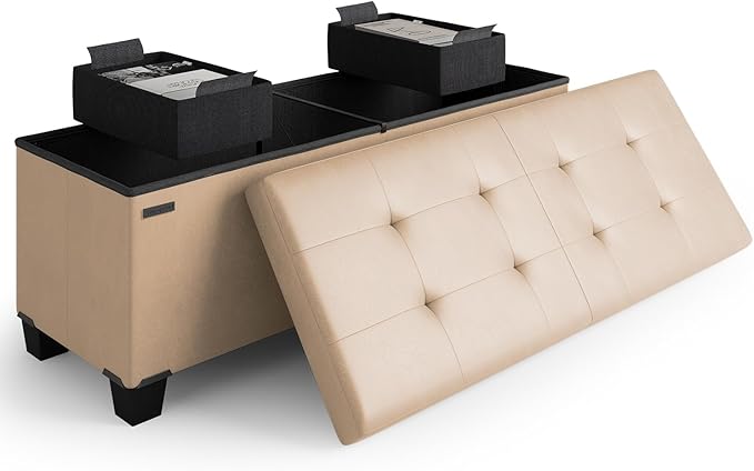 Storage Ottoman Bench with Bins, 43-in Storage Bench for Bedroom End of Bed, Folding Foot Rest Ottoman for Living Room Max 660lbs, Faux Leather Ottomans, Taupe