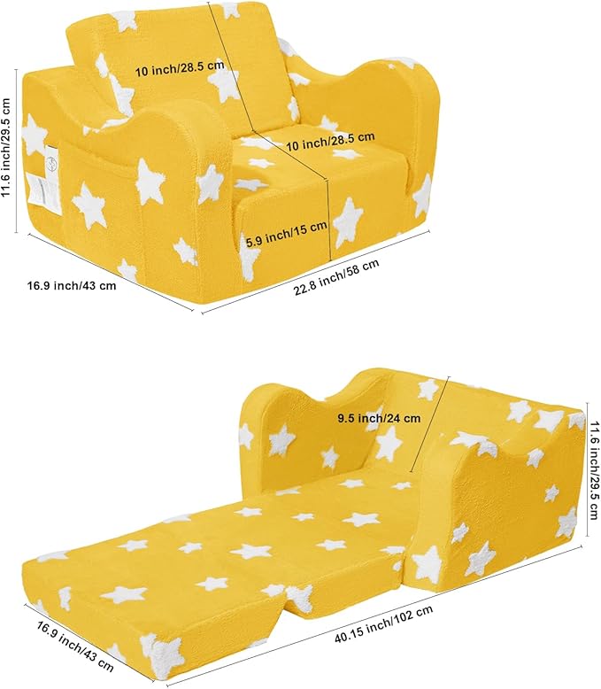 KokoSelene Toddler Couch, Kids Couch for Toddler Fold Out, 2-in-1 Convertible Kid Sofa to Lounger Bed for Girls and Boys, Ideal for Reading Sleeping Gaming Decor (Yellow)