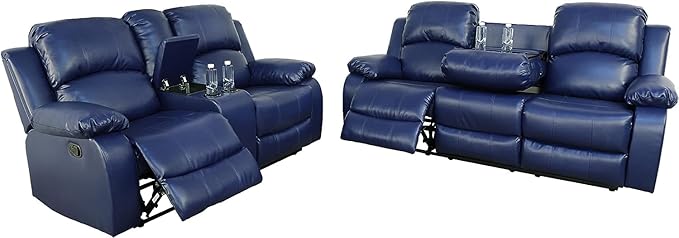 AYCP Bonded Leather Living Room Furniture Set Reclining Sofa Set Loveseat Furniture Sets in Living Room Sofa Recliners (Sofa+Loveseat, Blue)