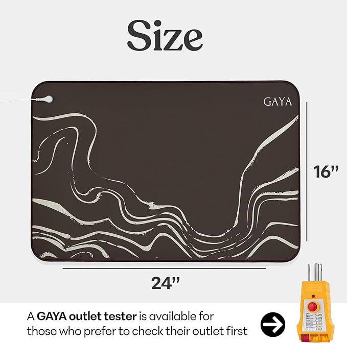 GAYA Grounding Mat for Feet, Sleep Improvement, Back Pain Relief, Muscle Relaxation & Stress, 2X 15ft Cord, 100K Ohm Resistor | Conductive Carbon | Earthing Pads for Bed Couch, Desk (24''X16'')